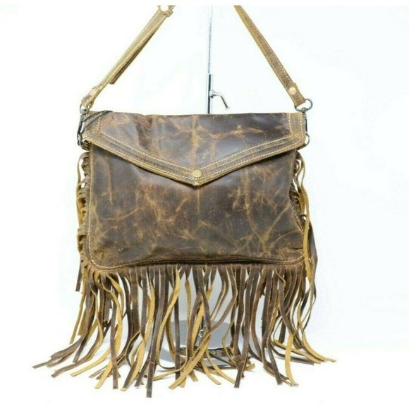 Myra Bag Fringe Distressed Leather Crossbody Bag - Picture 2 of 6